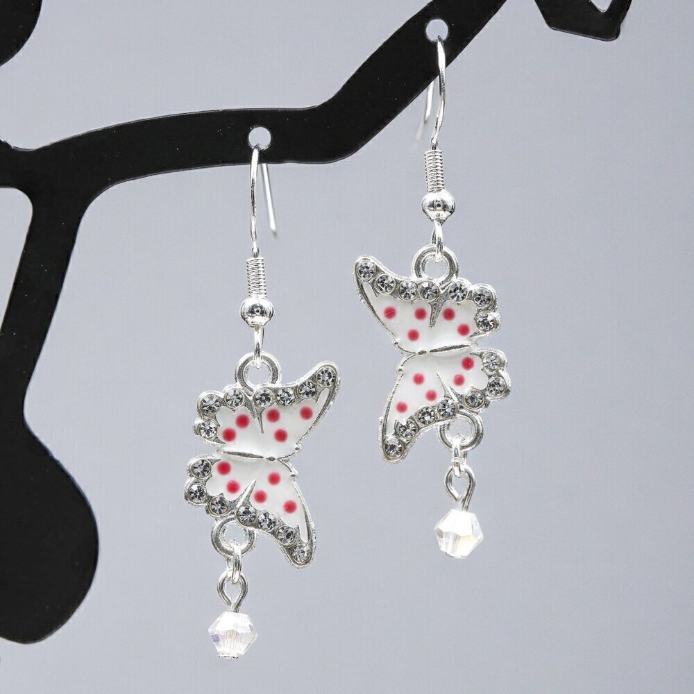 Butterfly Polka Dot Drop Earrings Silver Pink | Handmade - Picture 4 of 5